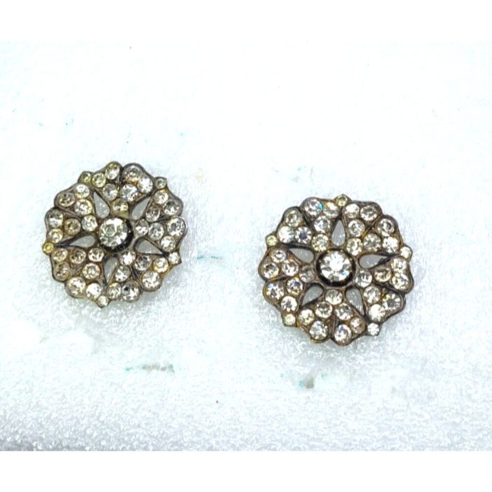 2- Vtg Rhinestone Star Burst Buttons Clear Rhinestones Floral Starburst 1.25"